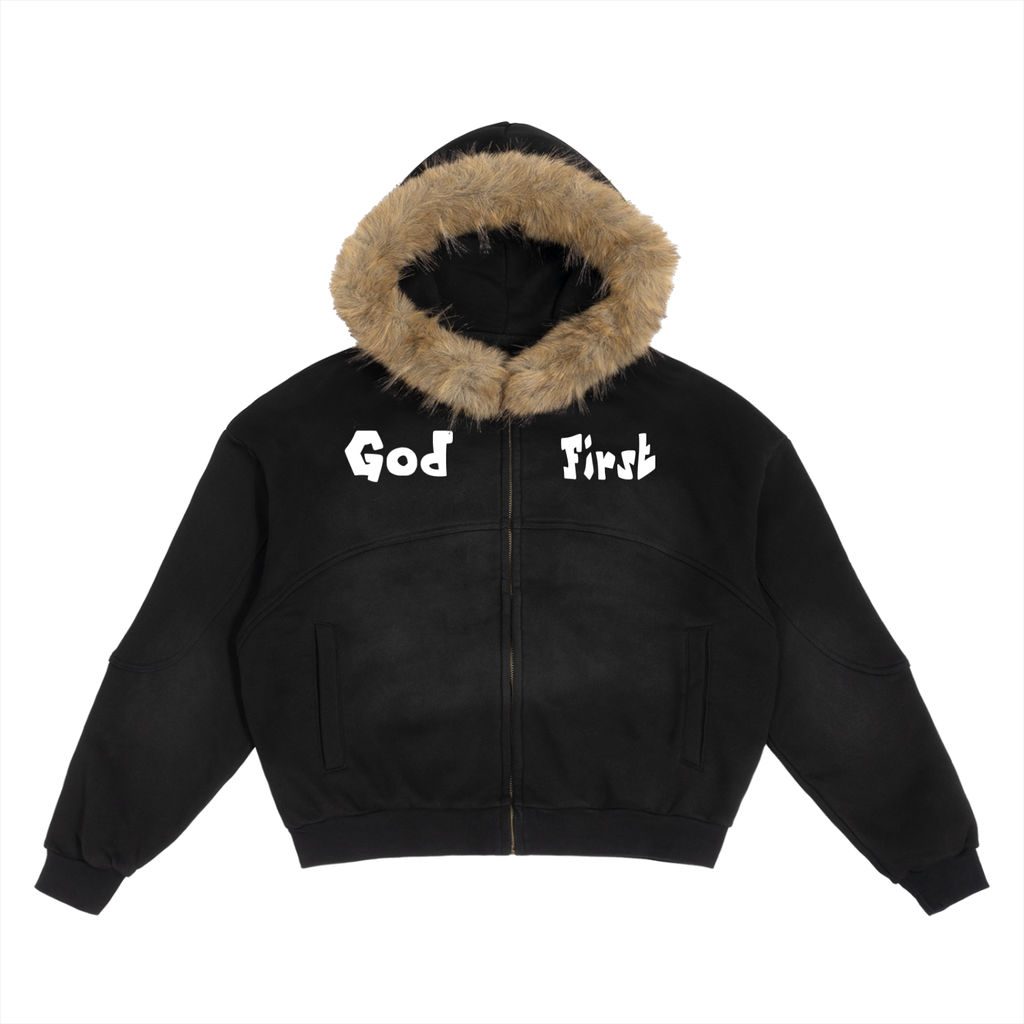 Sun Fade Boxy Detachable Fur Hoodie